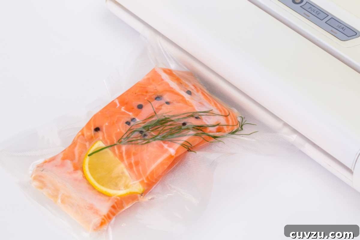 Sous Vide Explained 5 A salmon filet in a plastic bag with peppercorns, a lemon wedge and dill sprig, being vacuum sealed.
