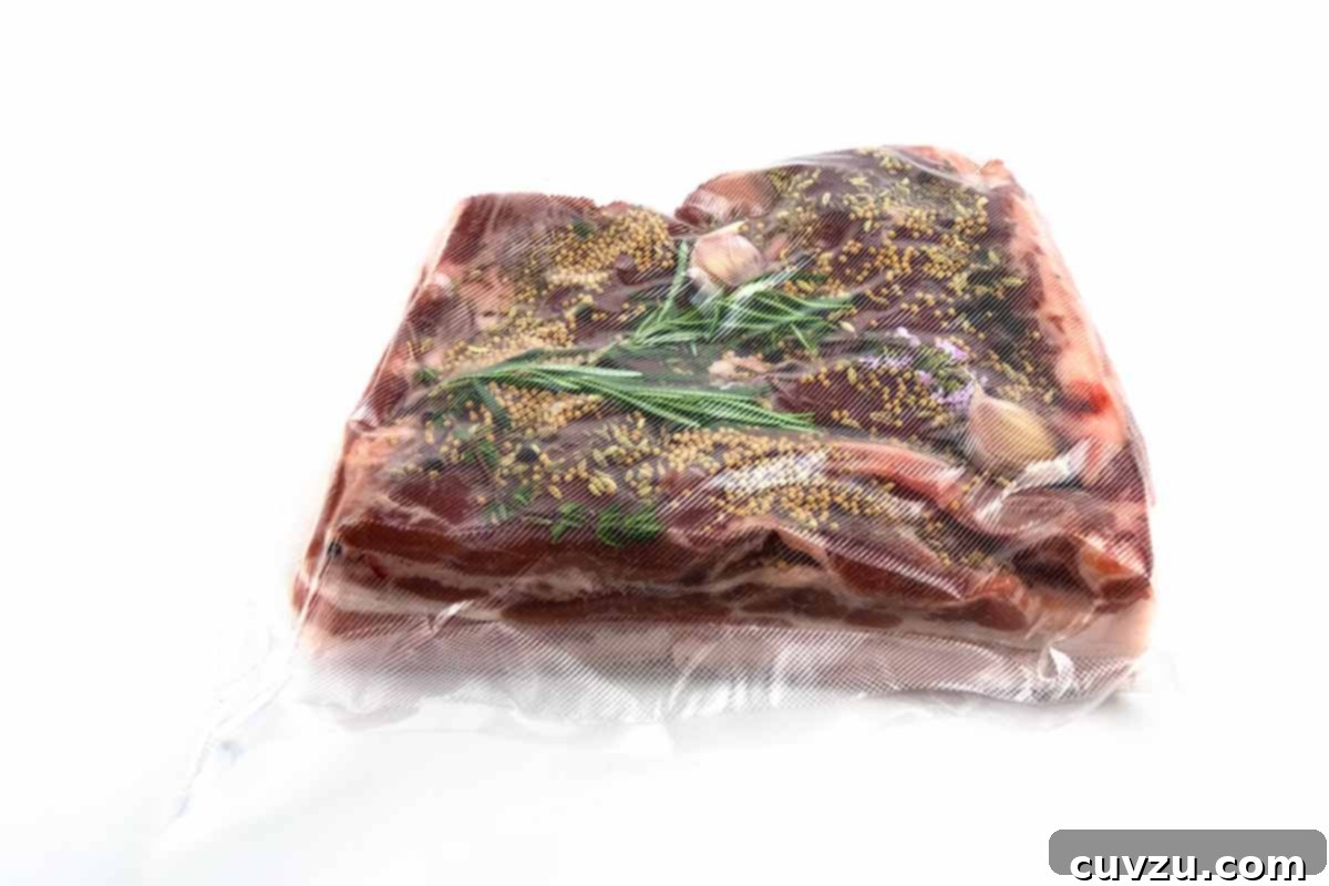 Sous Vide Explained 6 A piece of meat with rosemary sprigs and mustard seeds vacuum sealed in a bag.