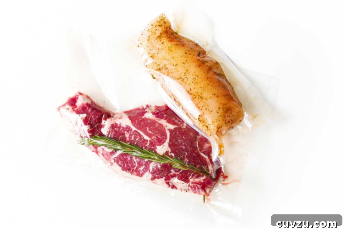 Sous Vide Explained 7 A piece of chicken and a steak with a rosemary sprig vacuum sealed in plastic bags.
