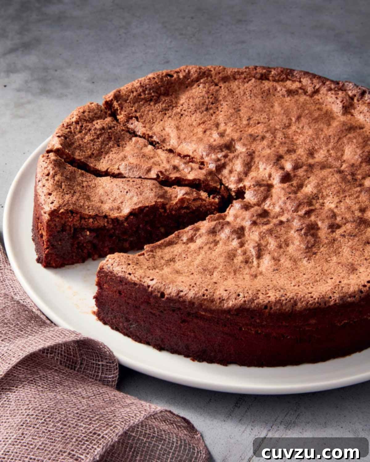 A rich, dark mocha walnut torte on a pristine white plate, with two slices cut and one piece subtly removed, highlighting its dense, moist texture and appealing crumb. Garnished with a dusting of cocoa, it looks ready to be savored.