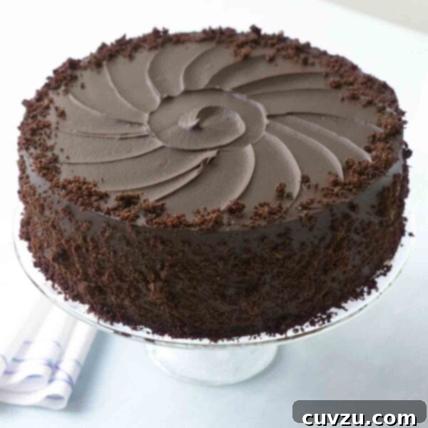 Ebinger's Blackout A Brooklyn Chocolate Legend 3 A classic Brooklyn Blackout Cake on a cake stand, featuring deep chocolate layers, rich pudding filling, and generous frosting.