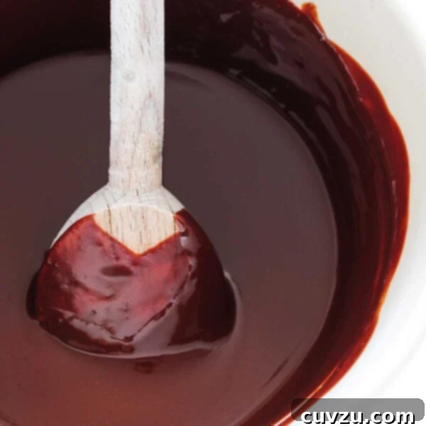 A pristine white bowl filled with glossy chocolate ganache, a wooden spoon resting inside, highlighting its rich, smooth texture.