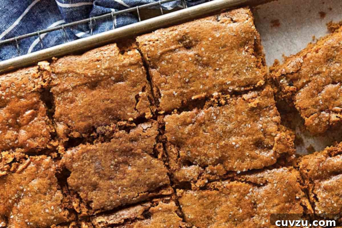 Spiced Molasses Chews 3 A tray of beautifully cut chewy hermit bars, glistening with glaze.