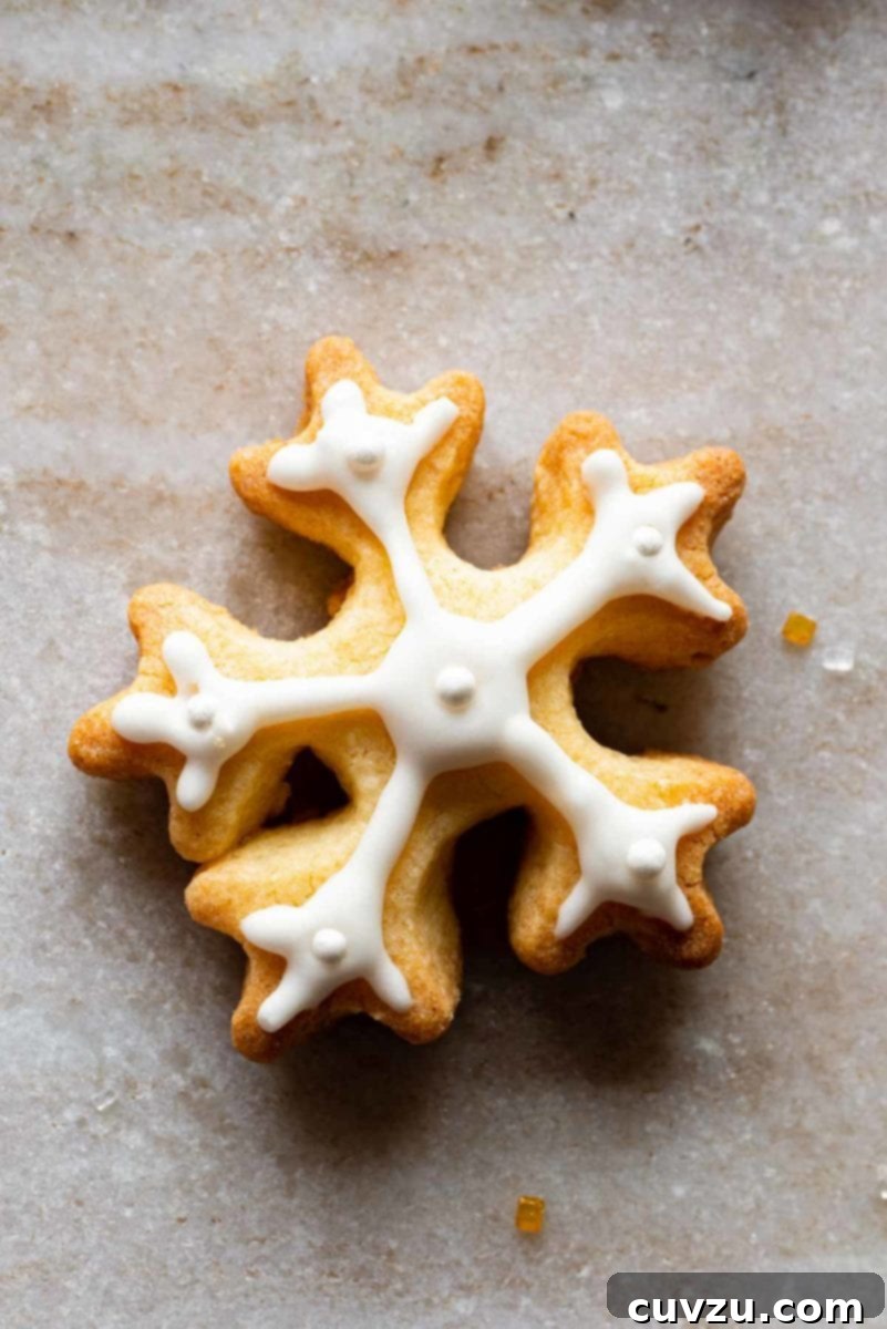 Host the Ultimate Cookie Swap 3 A snowflake cookies frosted with royal icing on a granite background