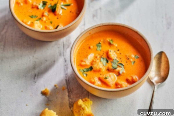 Exquisite Shrimp Bisque 3 Two bowls of shrimp bisque on a white table, ready to be served