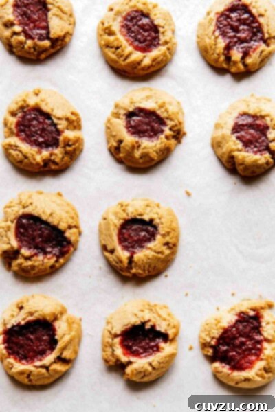 Eleven golden-brown barley thumbprint cookies filled with vibrant jam, neatly arranged on parchment paper, highlighting their chewy texture and inviting nutty aroma.