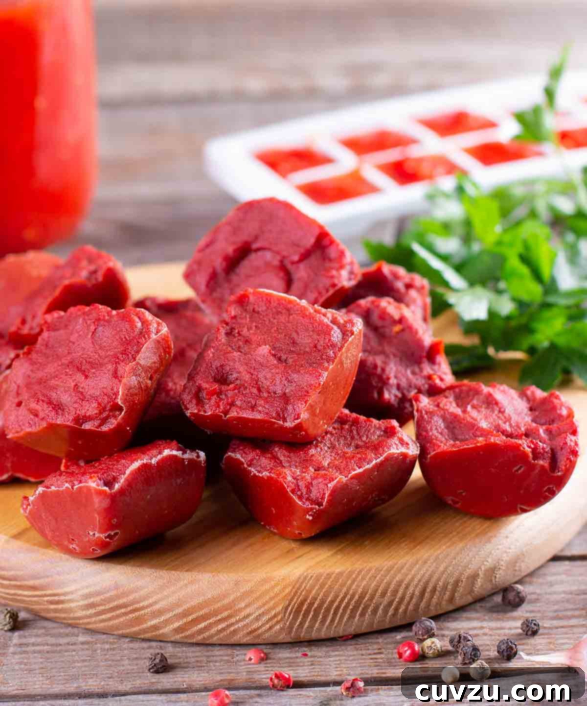 Smart Freezing: Your Guide to Food Preservation 8 A cutting board displaying neat chunks of frozen tomato paste, portioned for easy use in future recipes, highlighting a clever freezing hack.