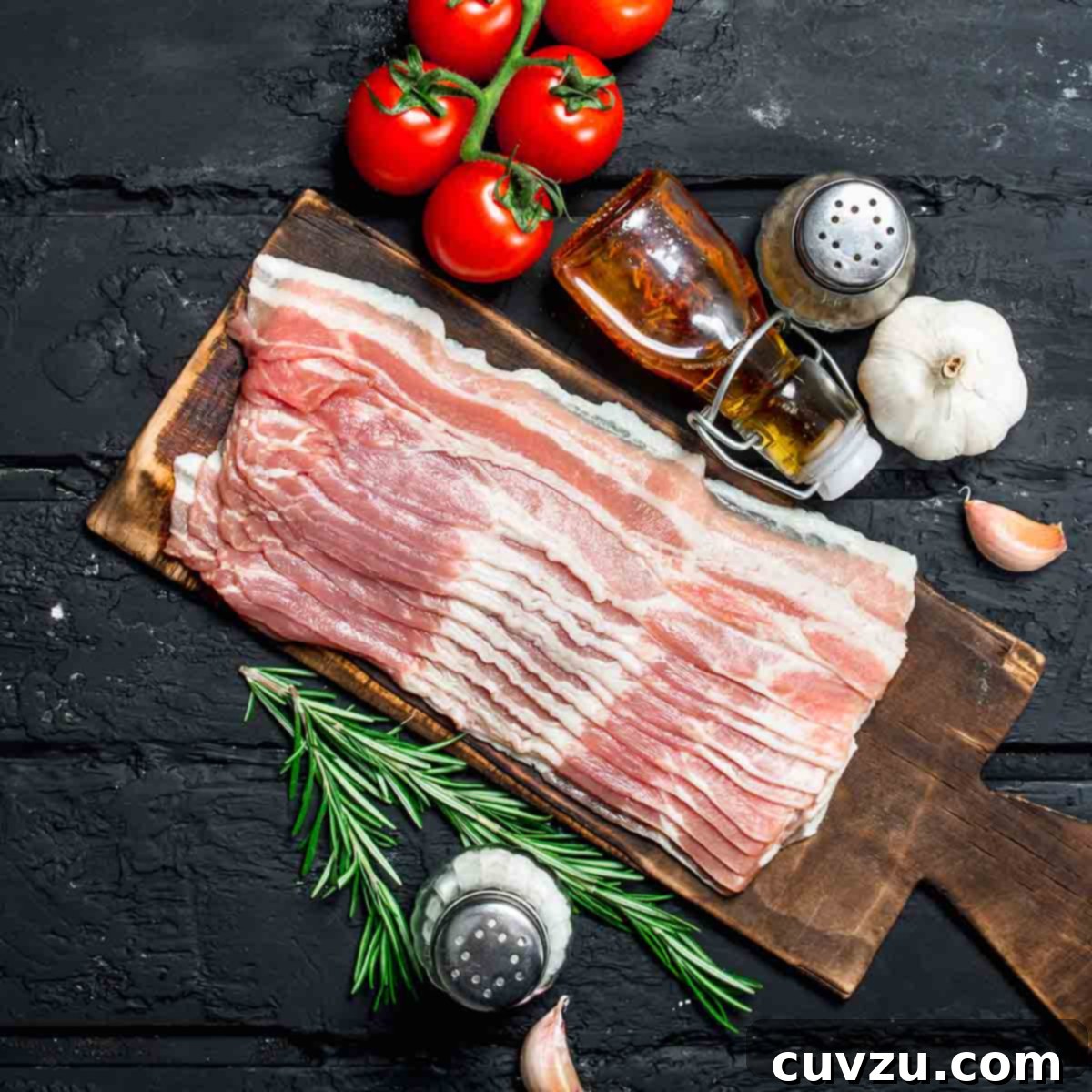Smart Freezing: Your Guide to Food Preservation 4 Strips of raw bacon neatly arranged on a cutting board, accompanied by fresh tomatoes, garlic, and rosemary, ready for freezing or cooking.
