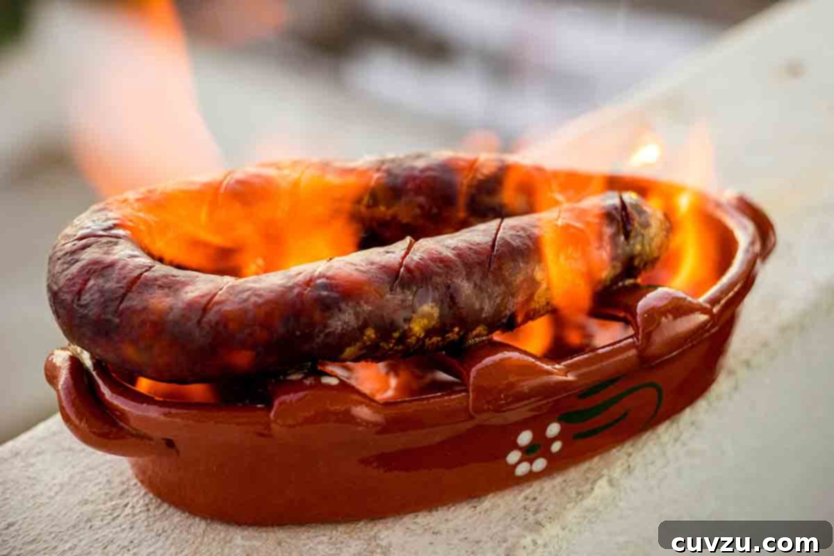 A ceramic holder with a link of chouriço a bombeiro, or fireman's sausage on fire inside