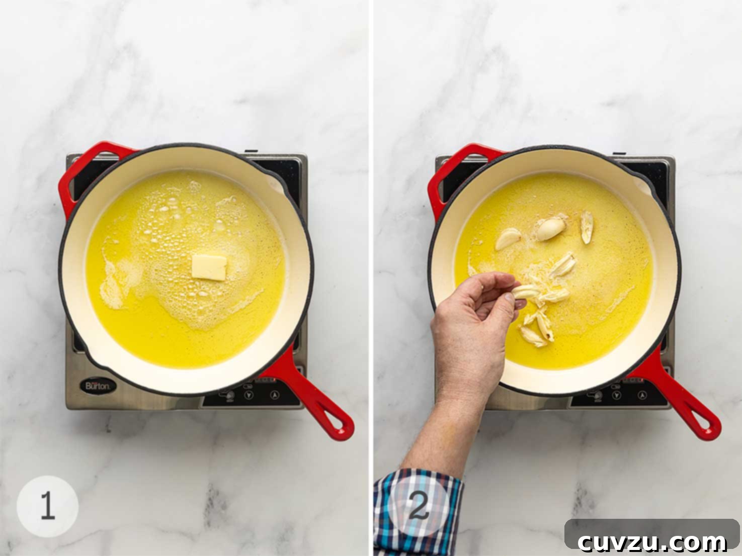 Velvety Butter Parmesan Pasta 5 Two sequential images: top shows butter melting in a skillet with olive oil; bottom shows crushed garlic cloves being added to the melted butter and oil in the skillet, gently infusing flavor.