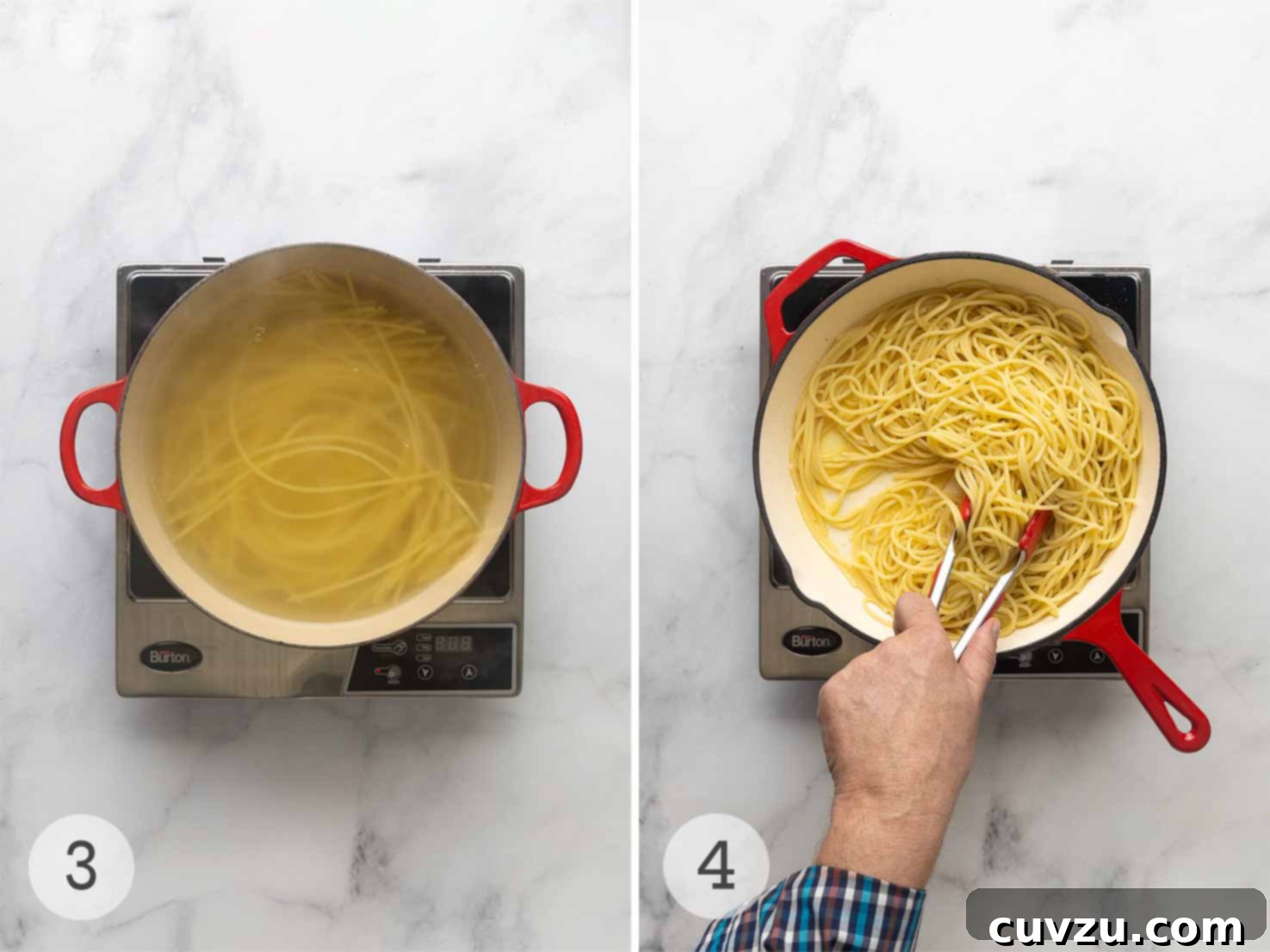 Velvety Butter Parmesan Pasta 6 Two sequential images: top shows spaghetti boiling in a large pot; bottom shows cooked spaghetti being tossed with tongs in a skillet containing garlic butter.