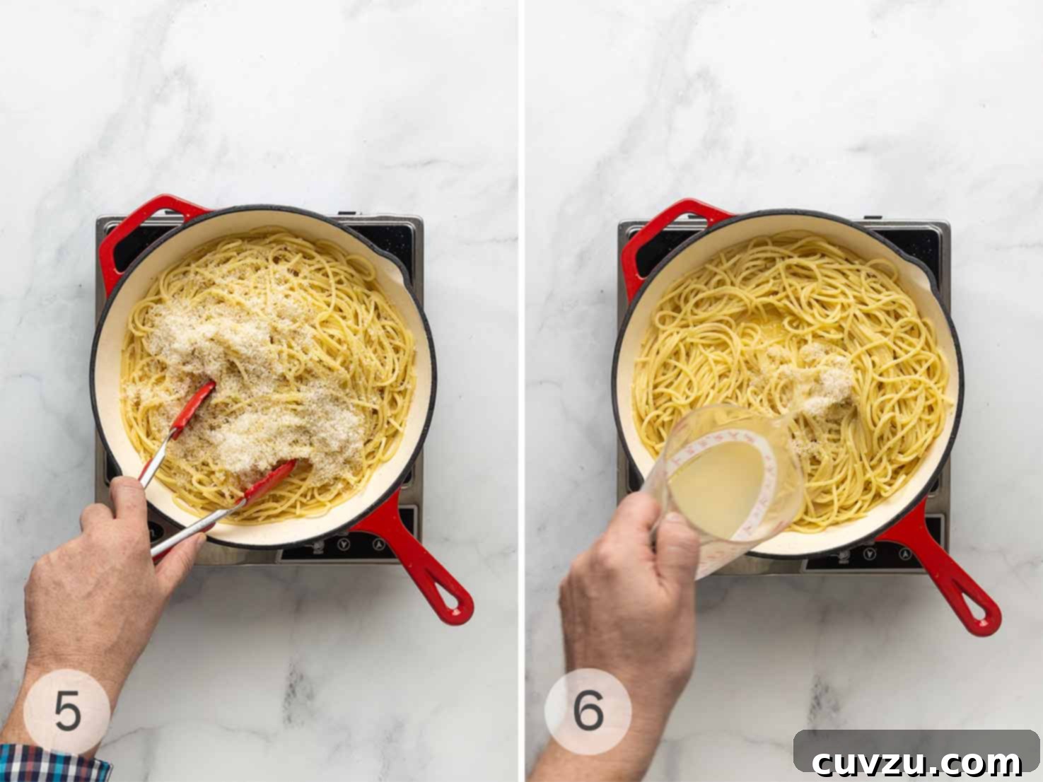 Velvety Butter Parmesan Pasta 7 Two sequential images: top shows freshly grated Parmesan cheese being stirred into spaghetti in a skillet; bottom shows reserved pasta cooking water being poured into the skillet with pasta and cheese, creating a creamy sauce.
