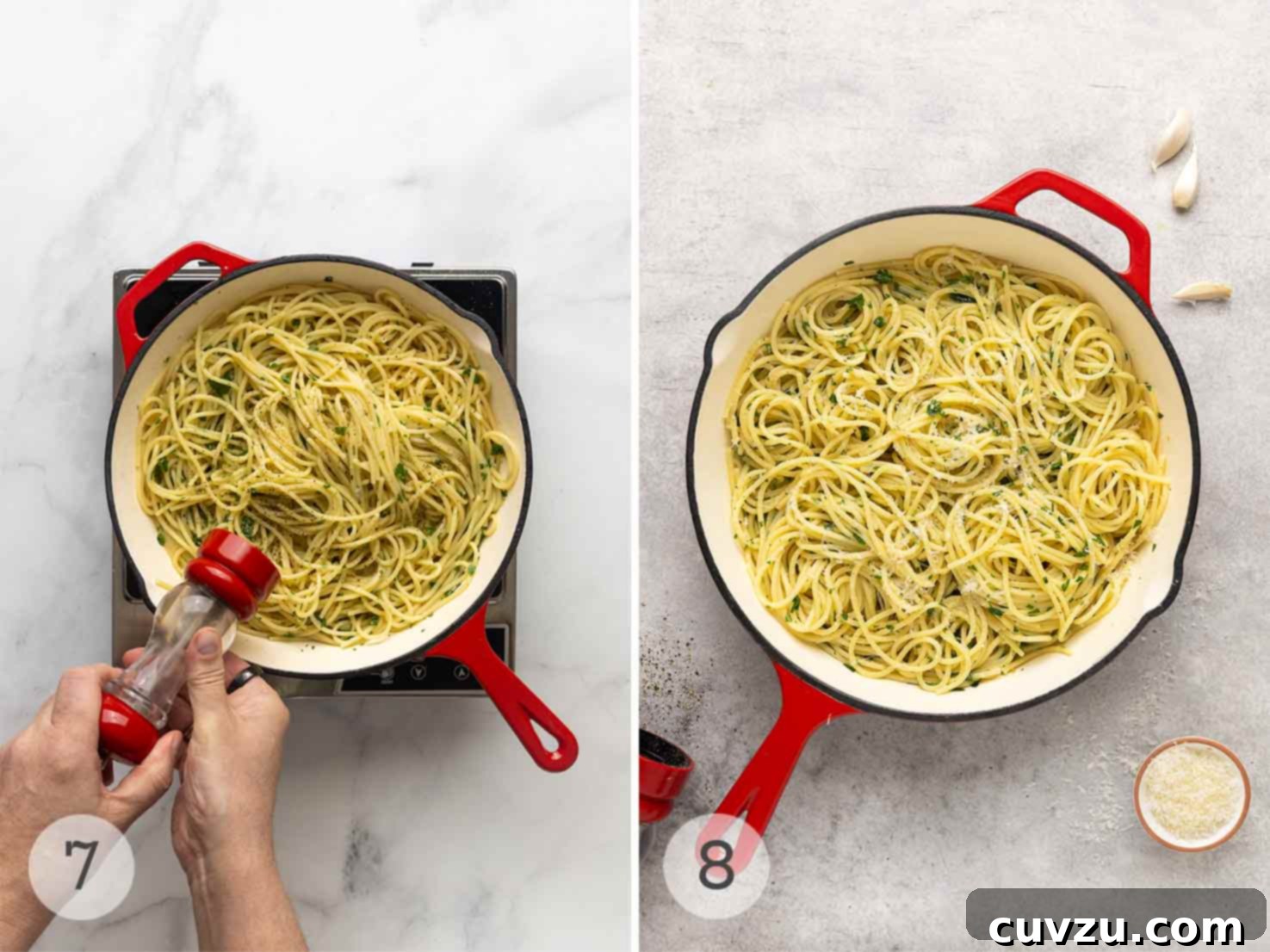 Velvety Butter Parmesan Pasta 8 Two sequential images: top shows freshly ground black pepper being seasoned over finished pasta in a skillet; bottom shows the final dish of pasta with butter and Parmesan ready to be served, with extra Parmesan on the side.