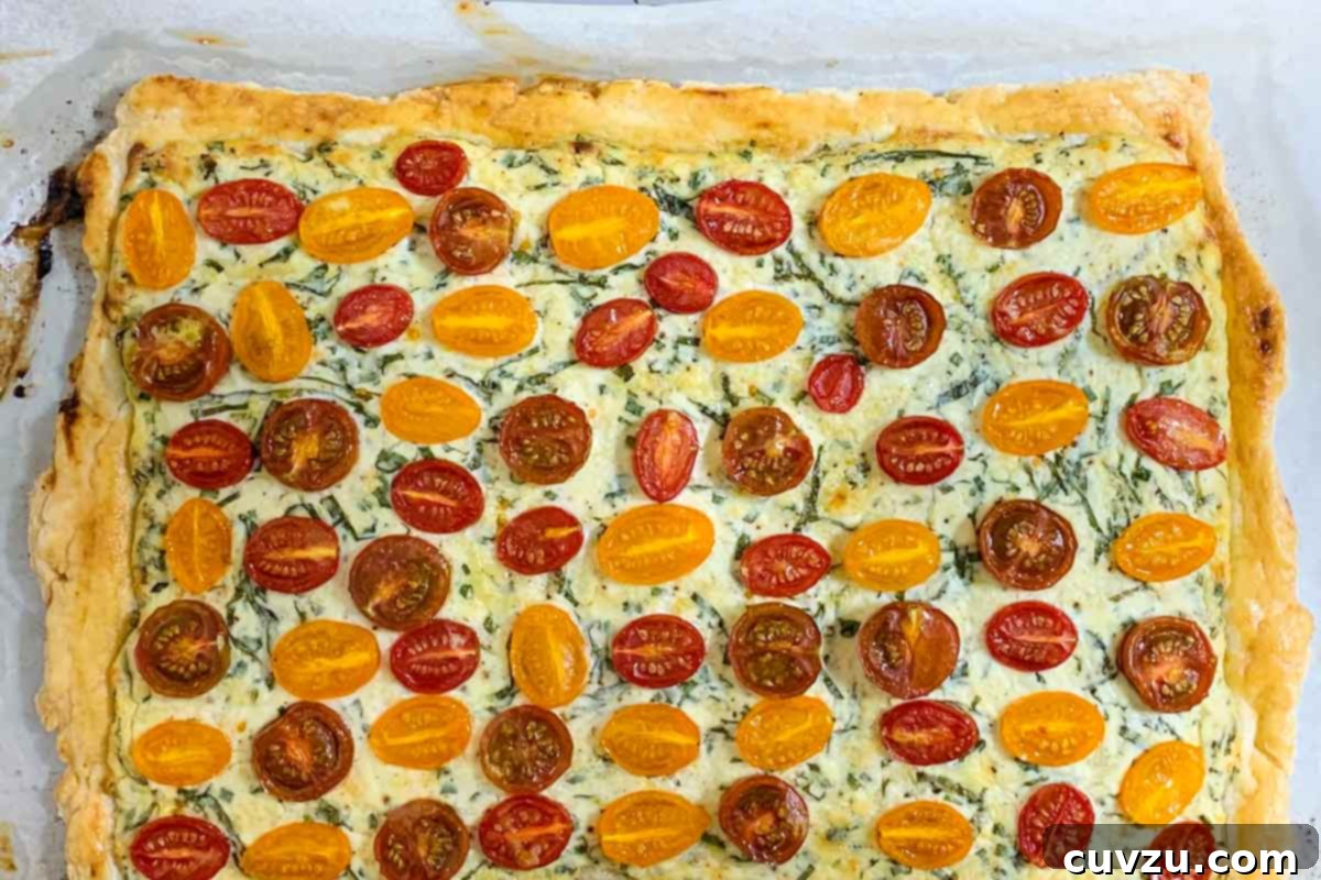 A cherry tomato, asparagus, and herbed ricotta tart on parchment on a baking sheet