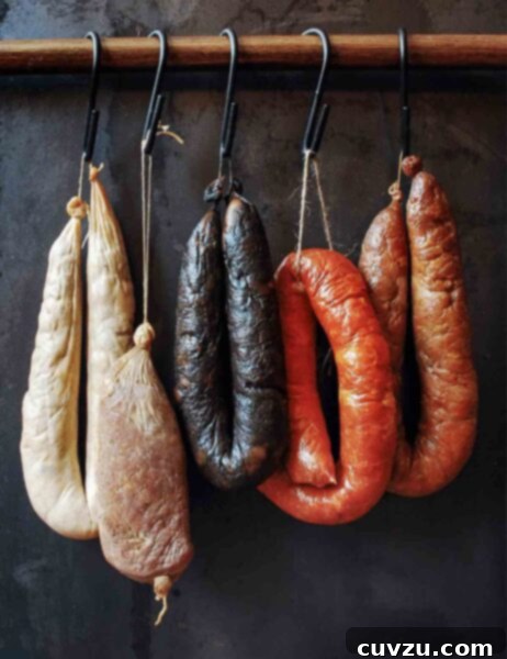 Authentic Homemade Portuguese Chouriço 5 Five links of common Portuguese sausages, including homemade chouriço, hanging from hooks on a wooden dowel for air-drying