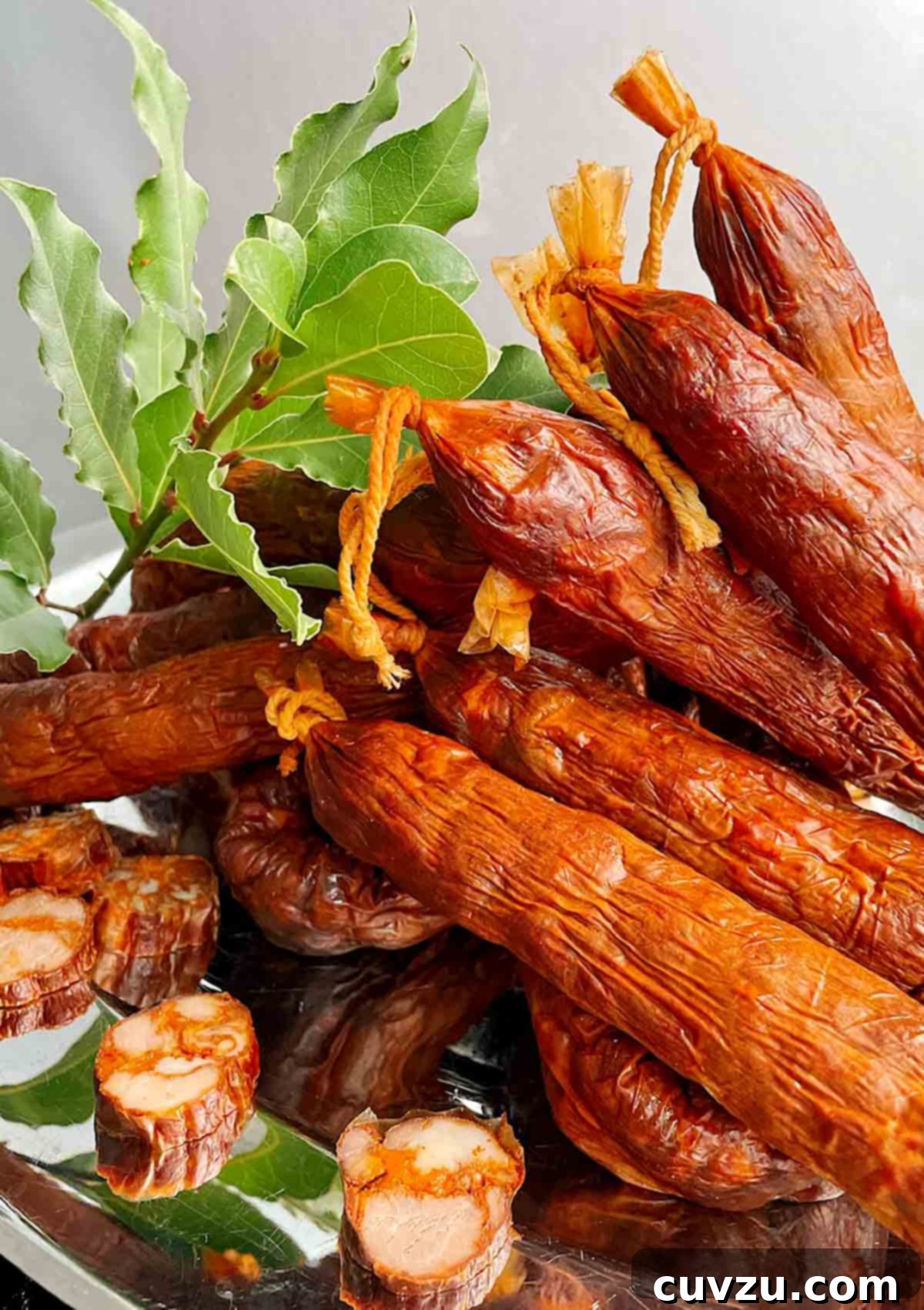 Authentic Homemade Portuguese Chouriço 7 Whole and sliced links of homemade Portuguese chouriço piled on a metal platter, showcasing their enticing texture and color.