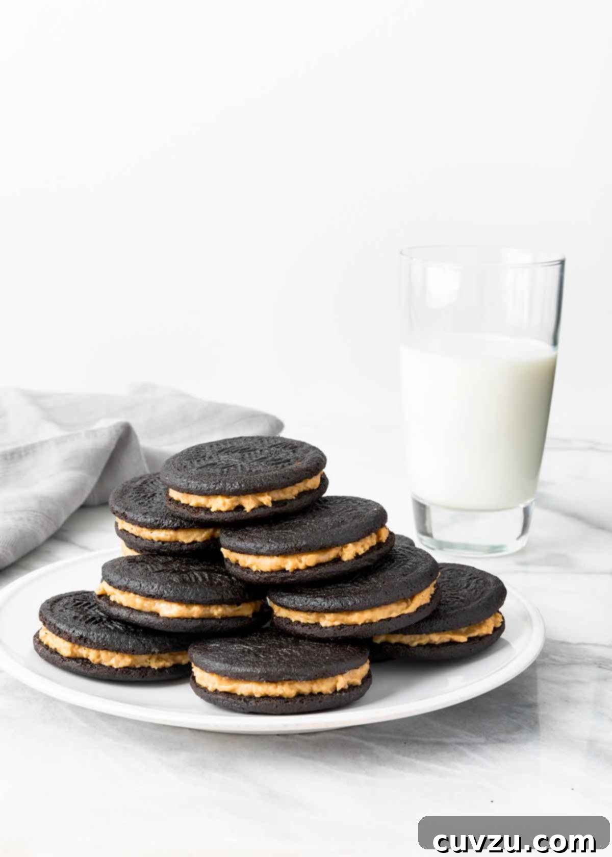 Golden Caramel Coconut Sandwiches 3 Close-up of freshly baked homemade caramel-coconut Oreos, showcasing their rich chocolate cookies and snowy coconut coating