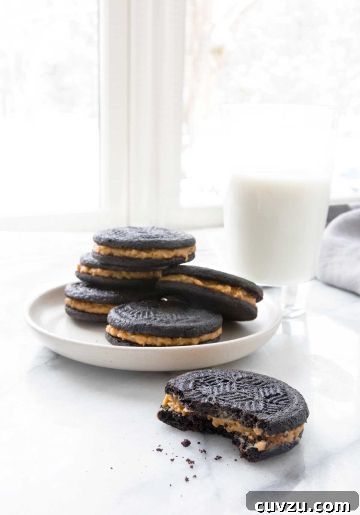 Golden Caramel Coconut Sandwiches 4 A trio of perfectly assembled homemade caramel-coconut Oreos, showing off the creamy filling and coconut coating