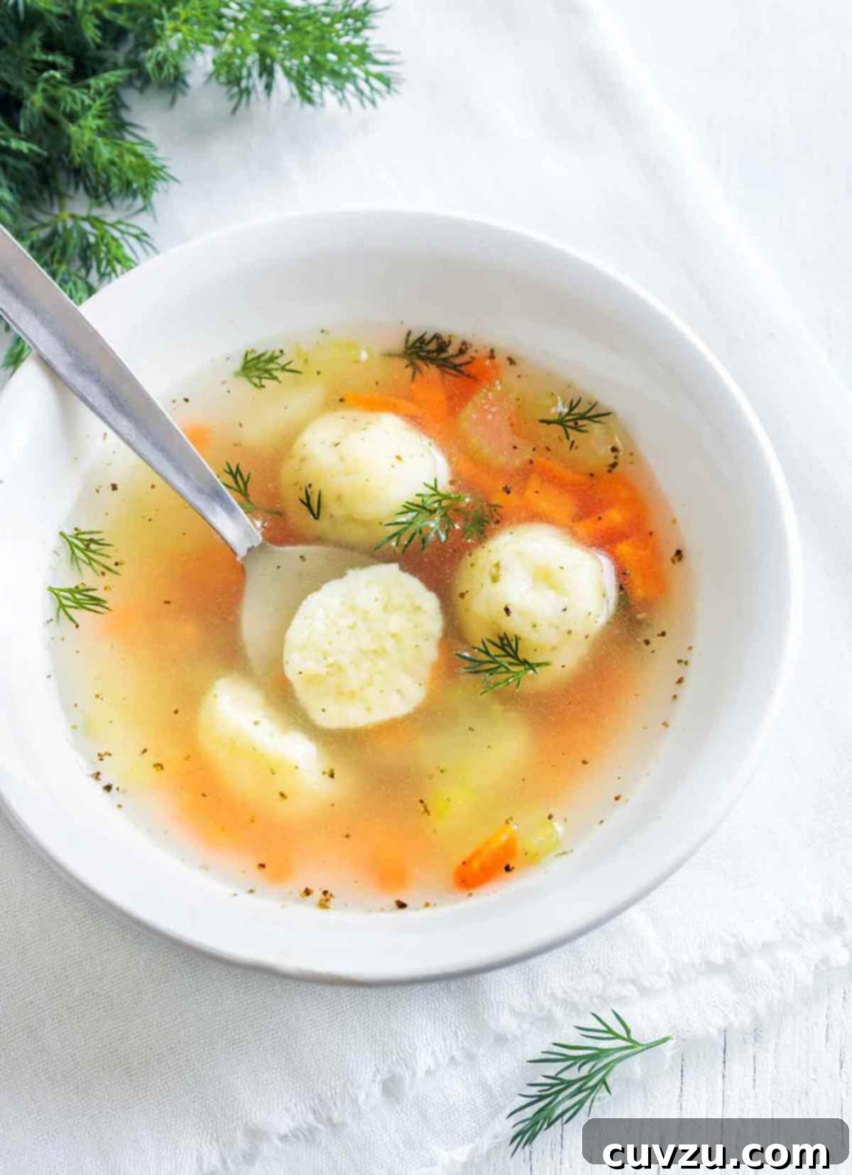 A white bowl filled with matzo ball soup and sprinkled with dill, promising warmth and tradition for Passover.