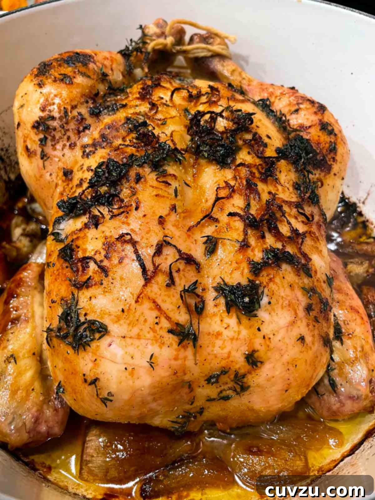 Dutch Oven Roasted Chicken and Caramelized Shallots 12 A large Dutch oven with a roast chicken on a bed of cooked shallots, topped with lemon zest and herbs.