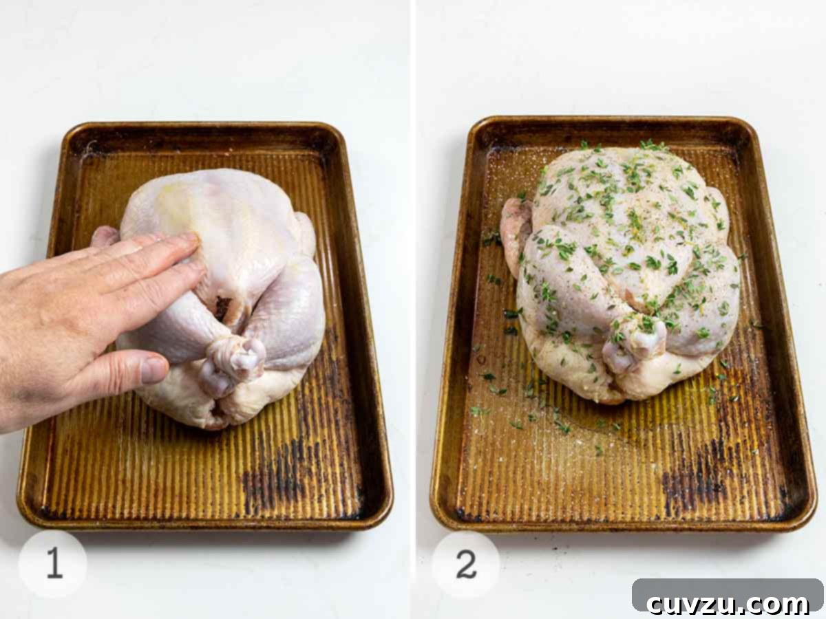 Dutch Oven Roasted Chicken and Caramelized Shallots 7 A raw chicken being rubbed with oil and sprinkled with thyne, salt, and pepper.