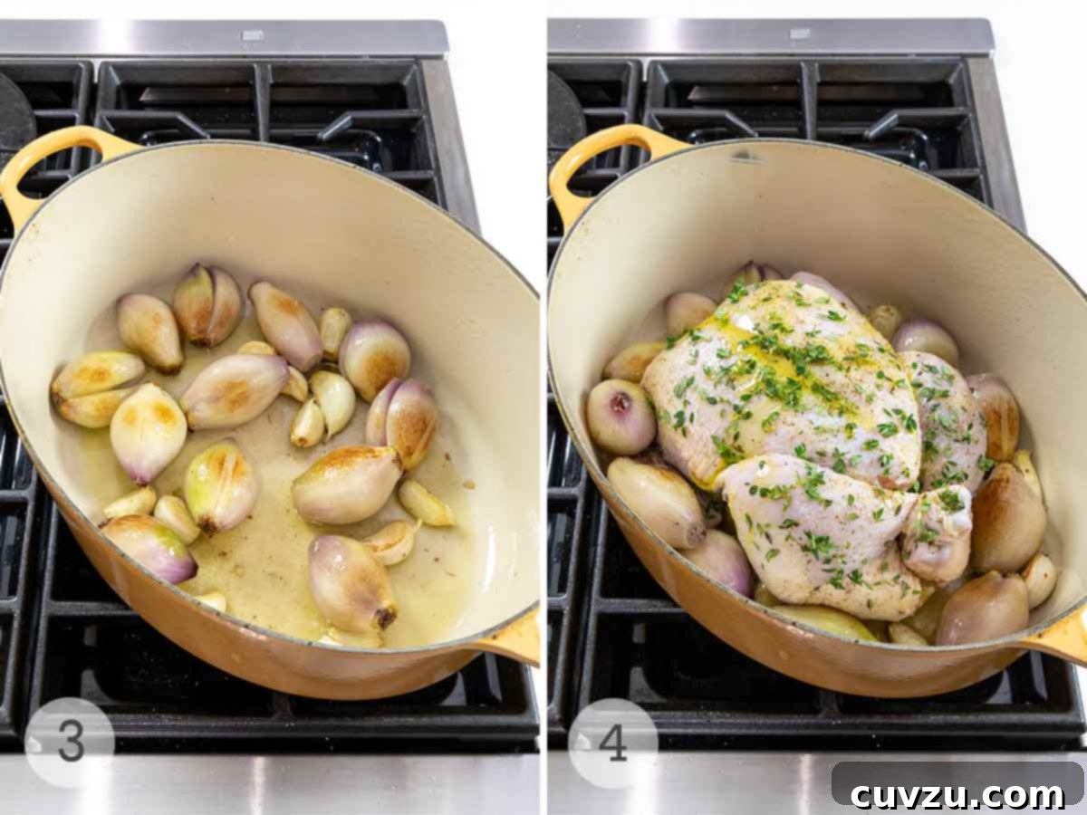 Dutch Oven Roasted Chicken and Caramelized Shallots 8 A yellow pot with a raw chicken and shallots ready for the oven.