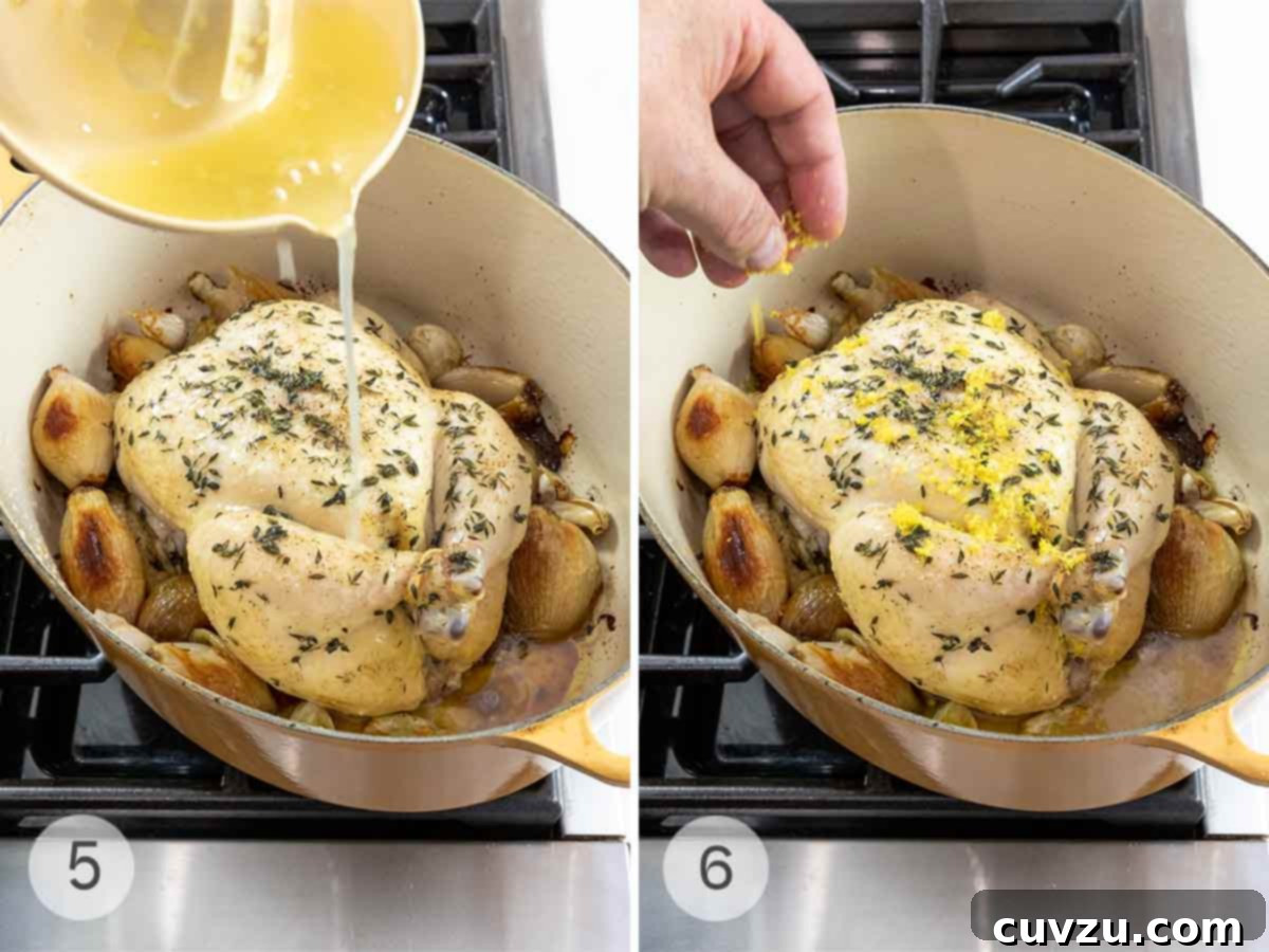 Dutch Oven Roasted Chicken and Caramelized Shallots 9 Lemon juice and zest being poured over a roast chicken and shallots in a yellow pot.