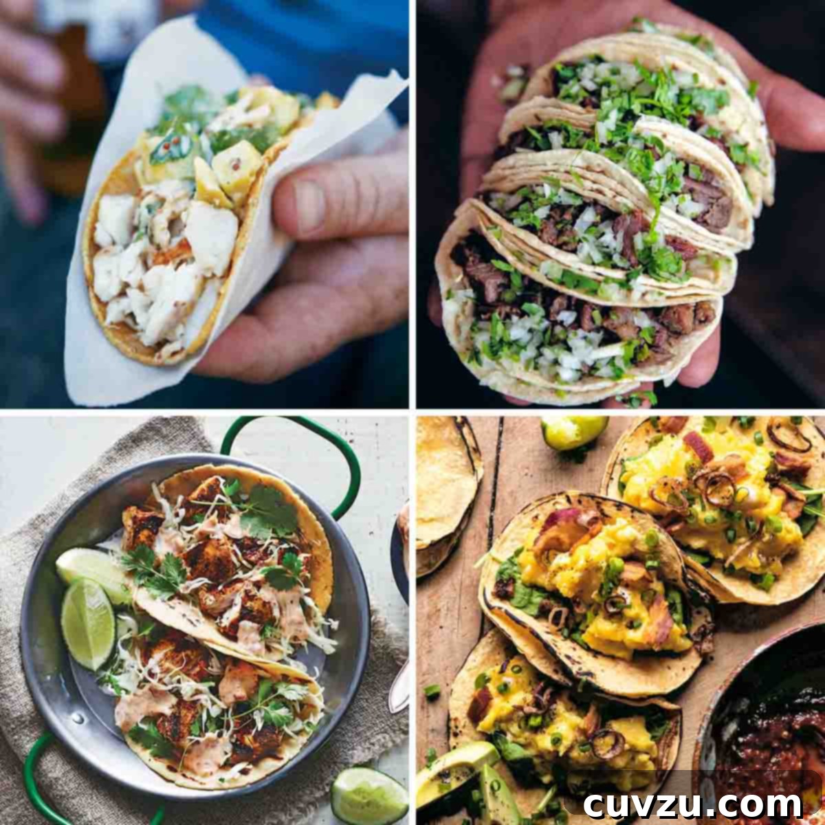 Cinco de Mayo Feast: Over 30 Delicious Recipes 6 A vibrant four-image collage showcasing diverse Cinco de Mayo taco recipes: a hand holding a grilled fish taco, a stack of beef tongue tacos topped with fresh cilantro and onion, breakfast tacos with creamy avocado and scrambled egg on a wooden board, and spicy ancho-spiced fish tacos with slaw and lime in a skillet.