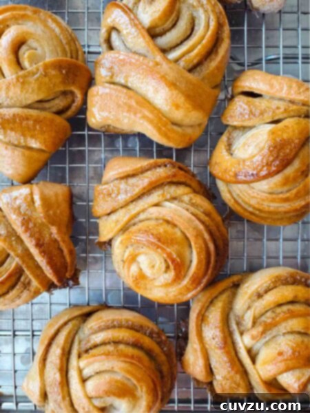 Several Swedish cardamom buns cooling on a wire rack, ready to be glazed and enjoyed.
