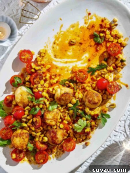 A white oval platter half-filled with charred corn and scallop salad, ready to be served.