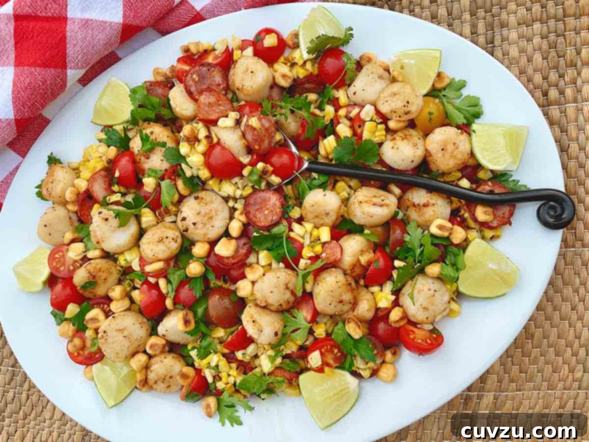 Seared Scallop Smoky Corn Salad with Zesty Lime 5 A white oval platter topped with charred corn and scallop salad, garnished with cilantro and lime wedges.