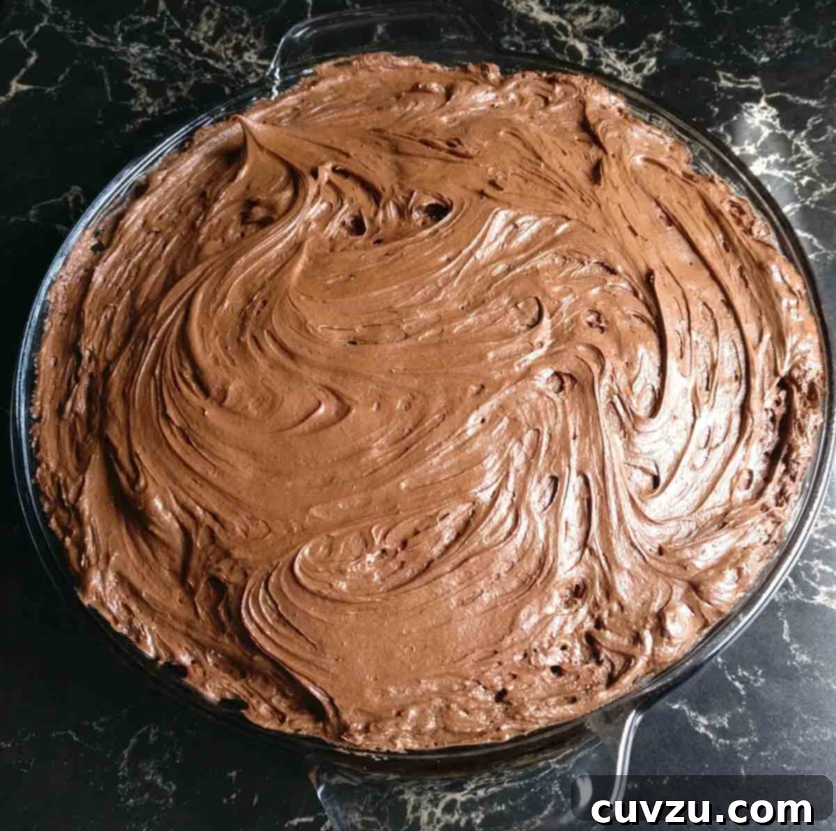 Double Chocolate Wacky Delight 6 A chocolate wacky cake with chocolate frosting in a glass pie plate.