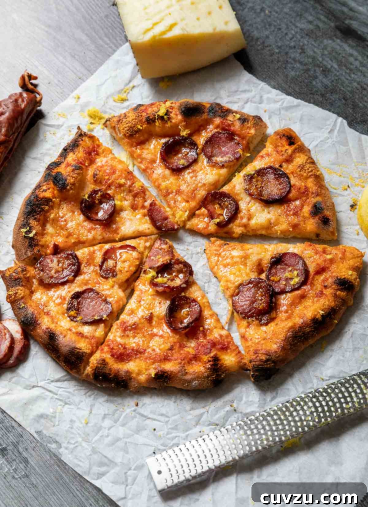 Sizzling Portuguese Sausage & Cheese Ooni Pizza 3 An Ooni pizza with Portuguese sausage and cheese on gray weathered wood, with chouriço, lemon, cheese, and pizza cutter.