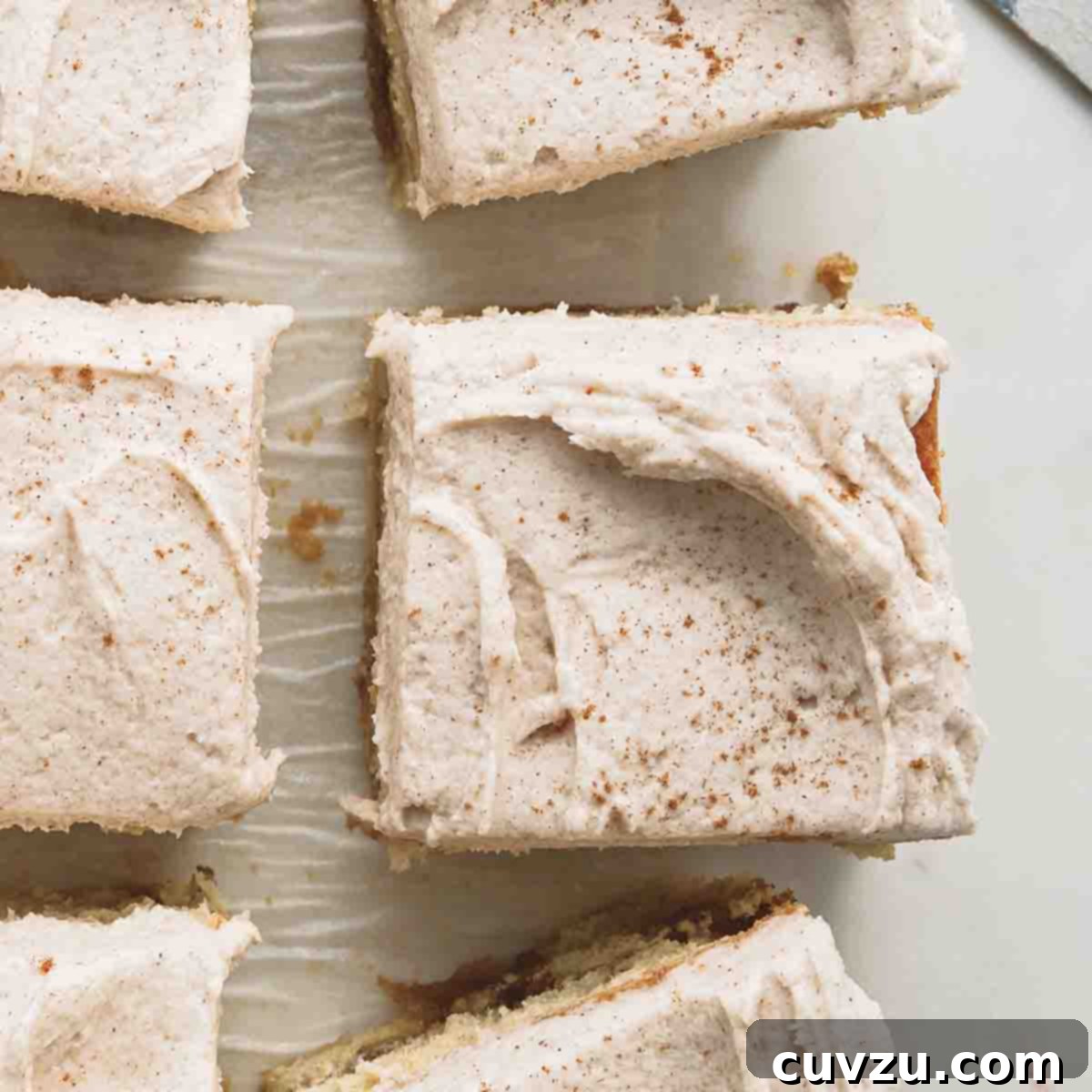 6 Irresistible Snacking Cakes You Need to Try 4 Brown butter snickerdoodle cake cut into six pieces on a piece of parchment paper, with a serving knife nearby. A warm and comforting Snickerdoodle cake.