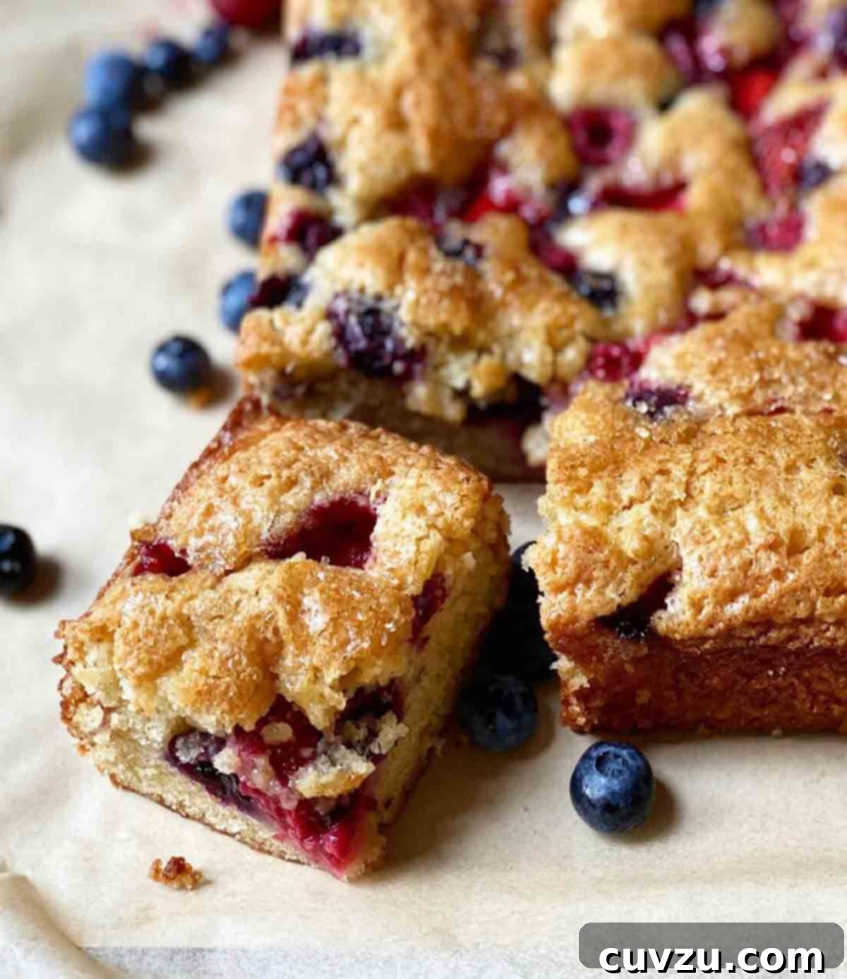 6 Irresistible Snacking Cakes You Need to Try 7 A rectangular easy mixed berry snacking cake with one piece cut from it and blueberries on the side. A vibrant and simple mixed berry cake.