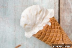 Golden Toasted Coconut Dream 3 An ice cream cone with a scoop of toasted coconut ice cream on a white wood background.