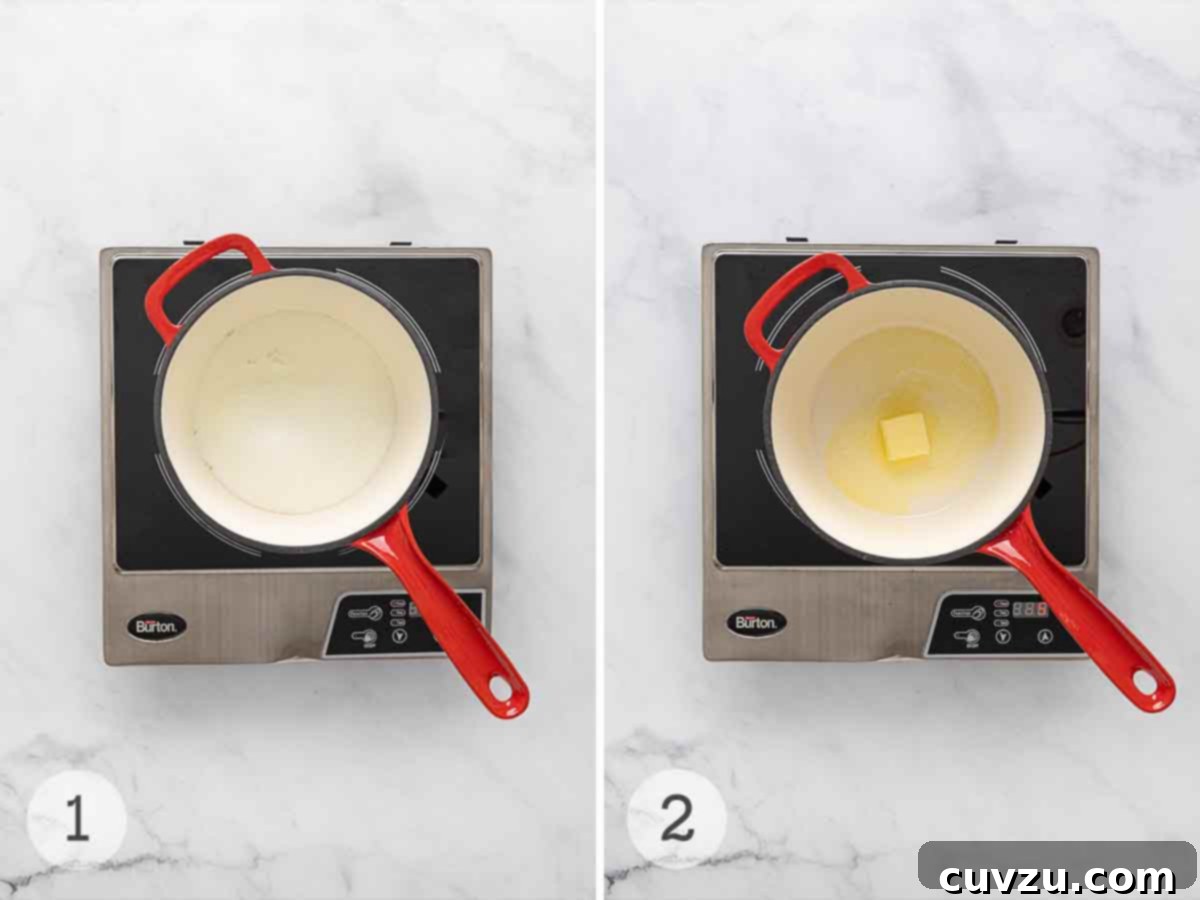Golden Cheddar Drizzle 5 Milk heating in a saucepan; butter melting in the saucepan.