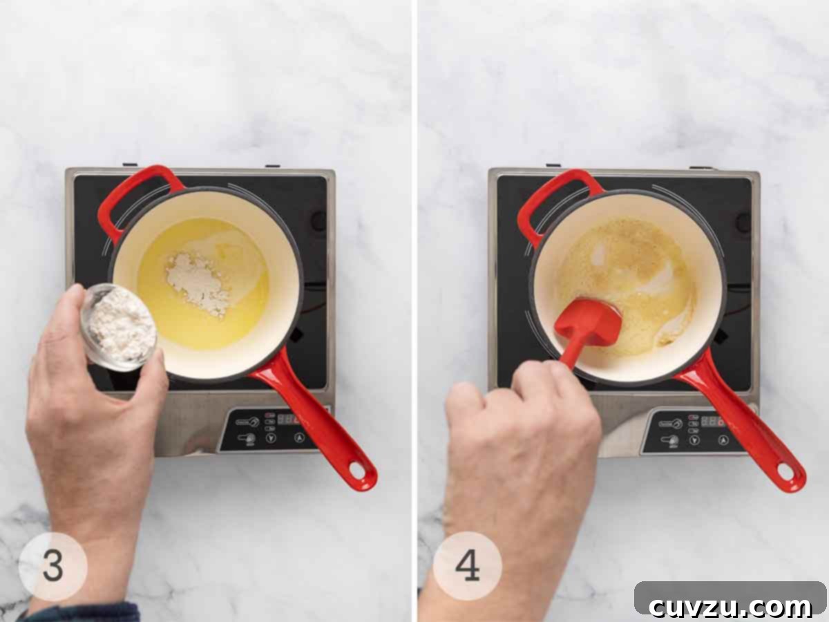 Golden Cheddar Drizzle 6 Flour being added to butter in a saucepan; a person mixing the flour and butter to create a roux.