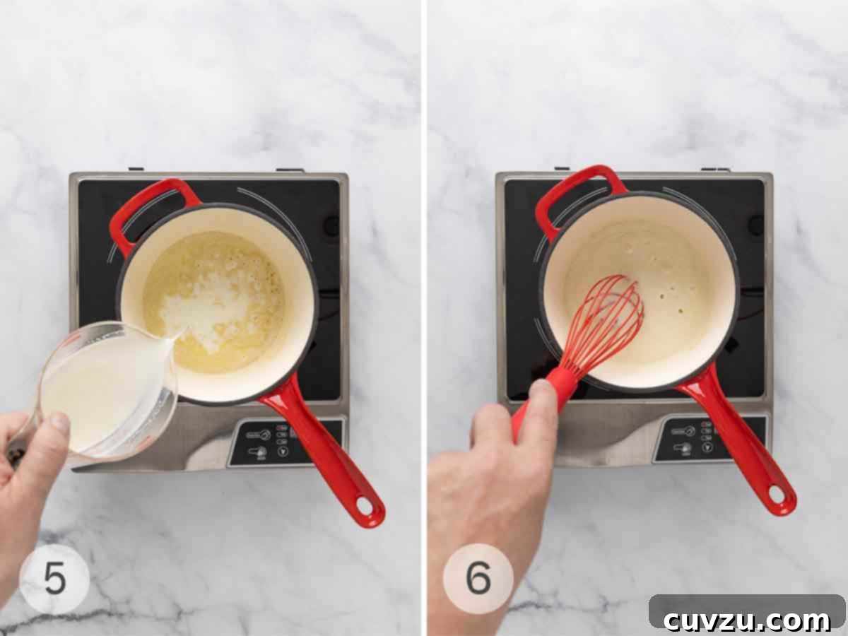 Golden Cheddar Drizzle 7 Milk being added to a roux; a person whisking a white sauce in a saucepan.