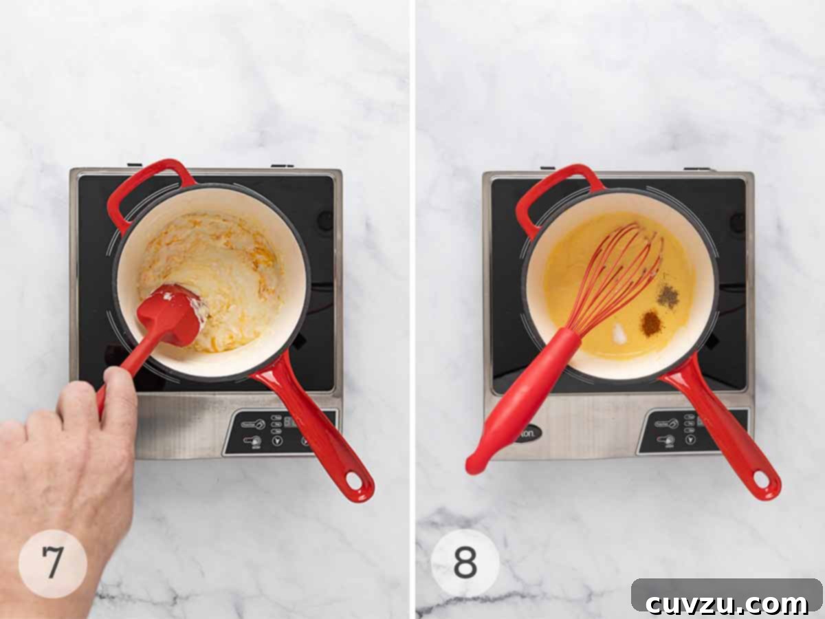 Golden Cheddar Drizzle 8 Cheese being stirred into a sauce; spices added to cheese sauce.