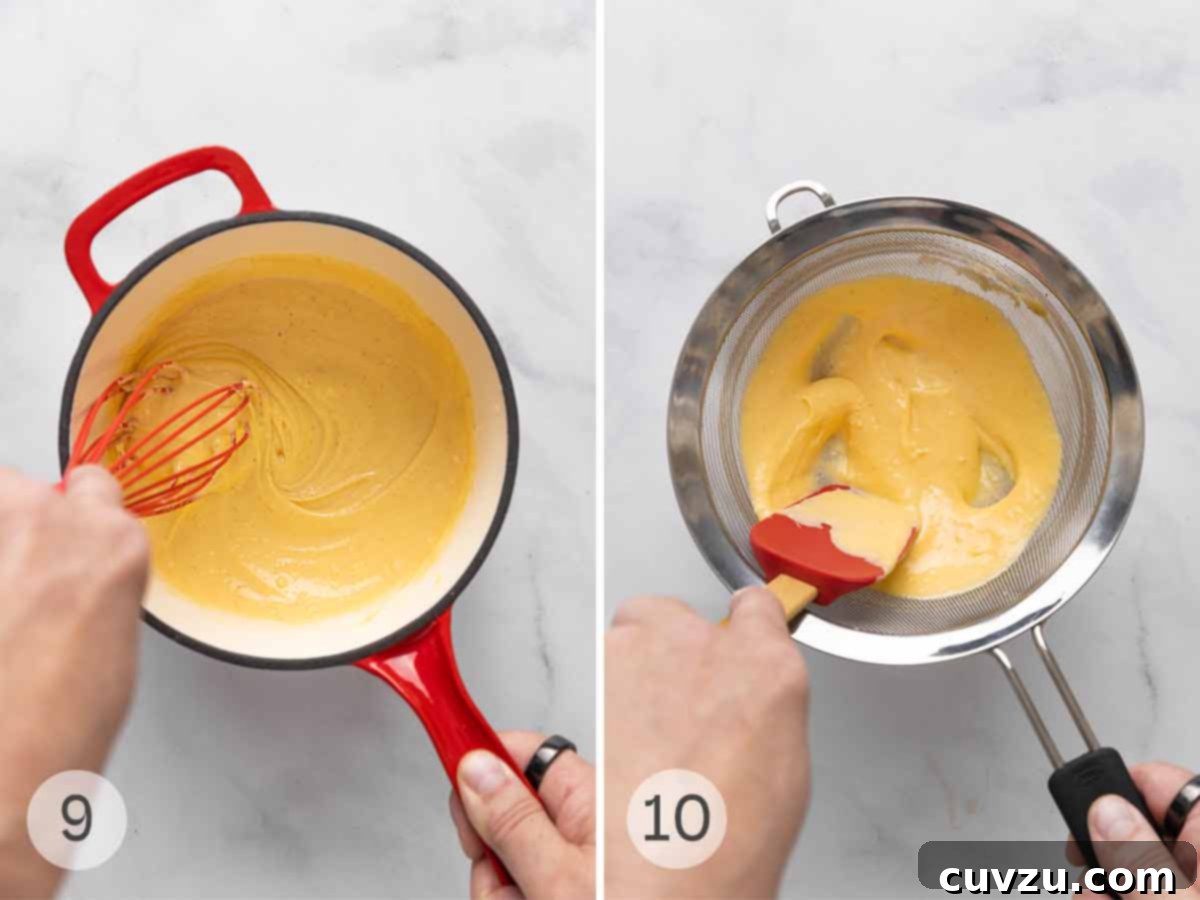 Golden Cheddar Drizzle 9 A person whisking cheese sauce; then the sauce being strained through a fine mesh sieve.