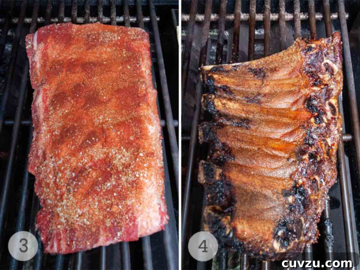 Slow-Smoked Beef Back Ribs 5 An uncooked rack of beef ribs on a grill, then the same rack partially cooked and flipped to be bone side up.