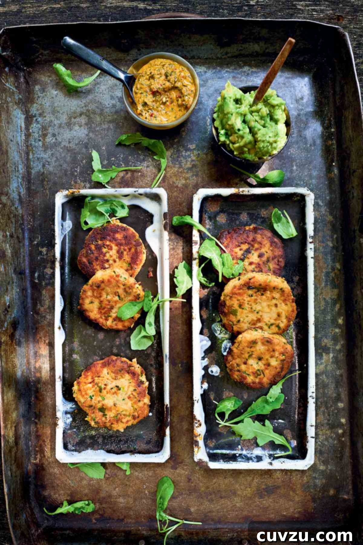 Six salmon cakes on rectangular platters with bowls of avocado spread and chimichurri beside.