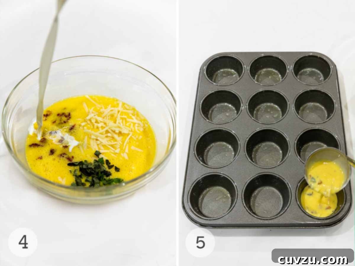 Mini Egg Power Bites 6 A bowl with raw eggs, sun-dried tomatoes, basel and cream being poured in; a muffin tray being filled with eggs.