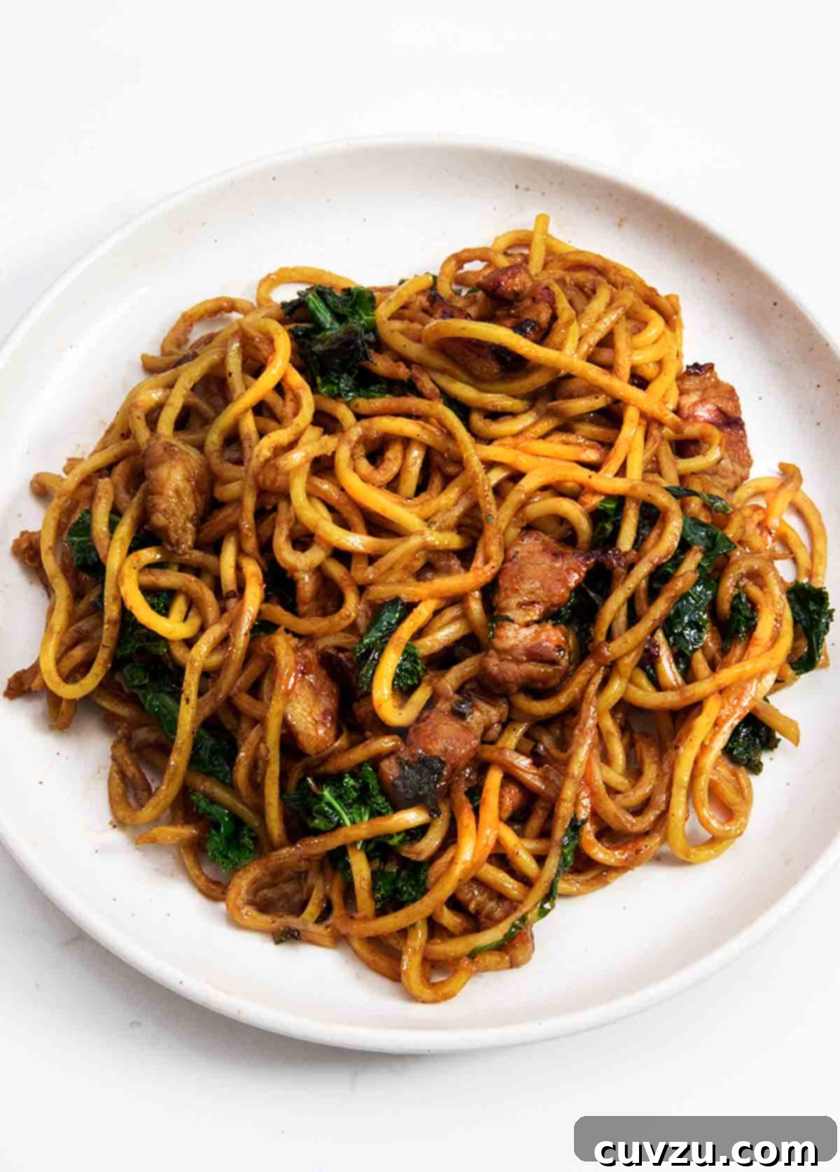 A white bowl filled with fried Shanghai noodles, crispy pork belly, and kale.