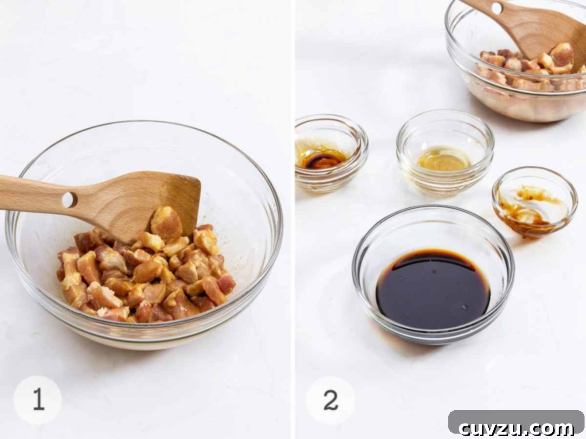 Shanghai fried noodles preparation steps: Pork belly coated in sauce, and sauce ingredients combined into one bowl.