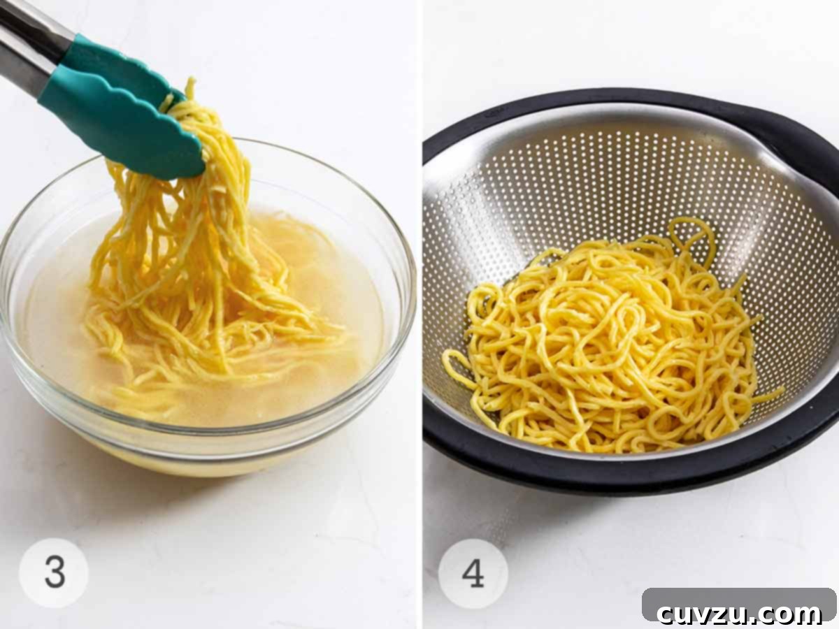 Shangahi fried noodles preparation: Noodles being soaked and drained.