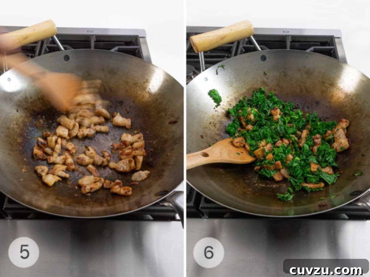 Shanghai fried noodles preparation: Pork belly being pan fried in a wok, then kale added to the pork.