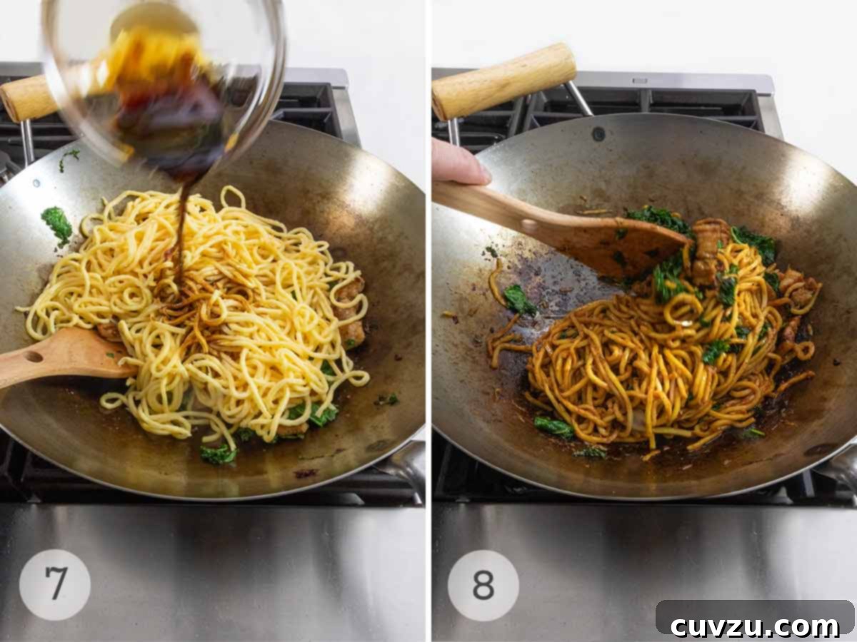 Shanghai fried noodles preparation: Noodles and sauce being added to the work, then the mixture being stirred.