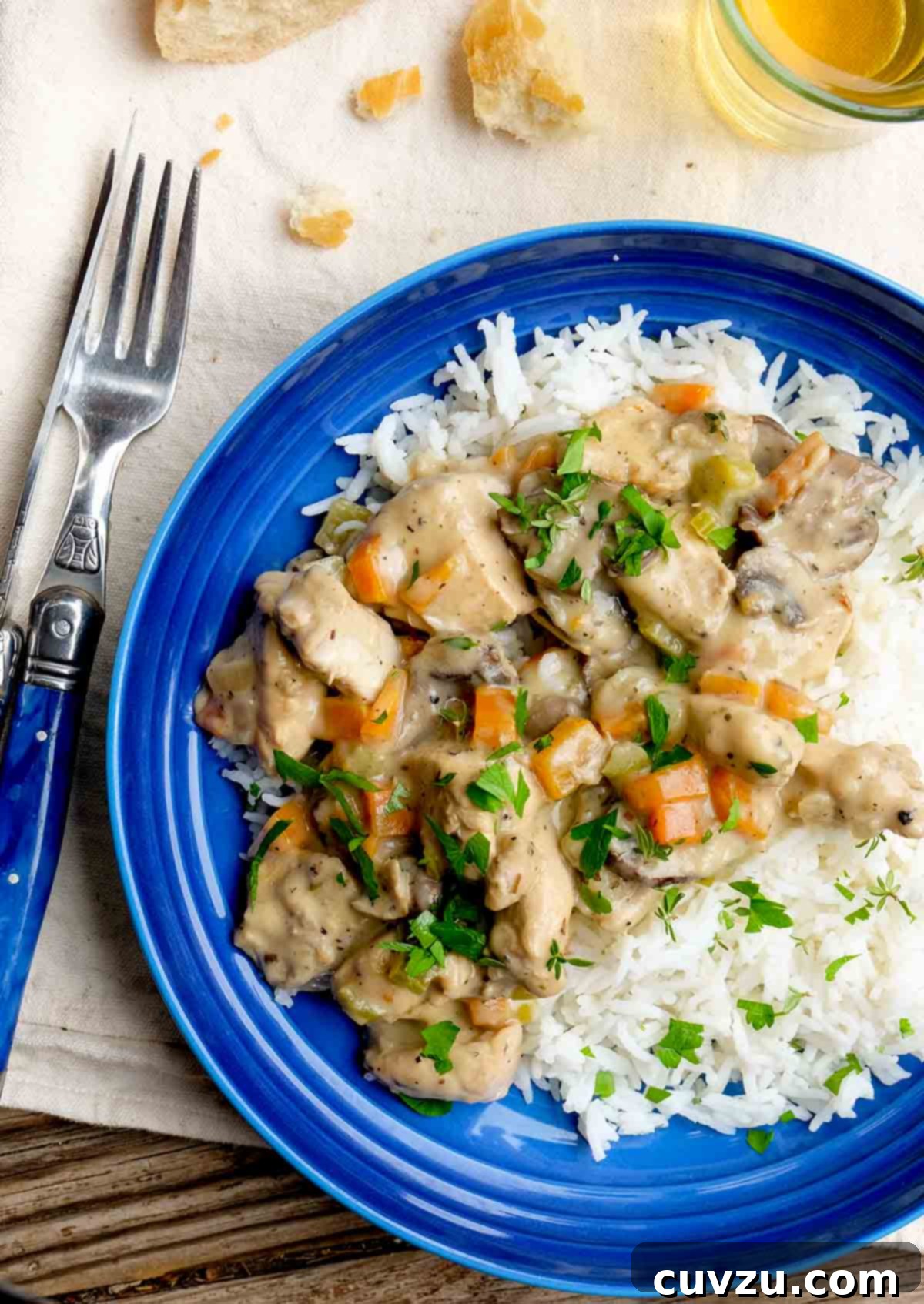 A blue plate with a serving of creamy French chicken stew served over rice and garnished with parsley.